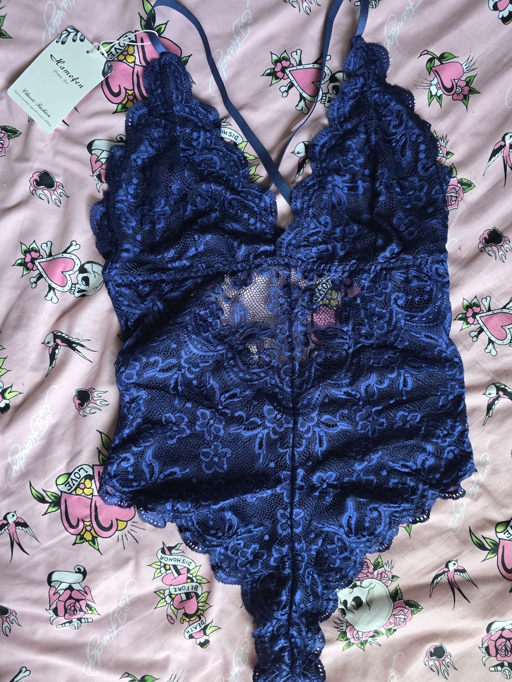 Navy Blue Lace Plunge Teddy Bodysuit - Women Intimates - Picture 4 of 9